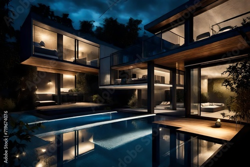 Nightfall at a duplex with swimming pool, where the pool's luminescent lighting creates a dreamy ambiance against the darkened duplex silhouette © Sajida