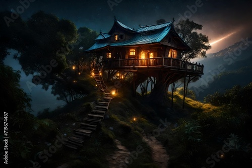 Nightfall at a tree house on top of a majestically beautiful hill  with fireflies creating a mesmerizing light show around the wooden sanctuary.