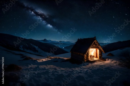 Night's calm descending on a hut on top of a majestically beautiful hill, with twinkling stars overhead and the glow from a campfire nearby.