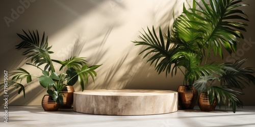 Tropical-themed presentation and product display - wooden podiums with palm leaf  sunlight  shadow  and marble wall.
