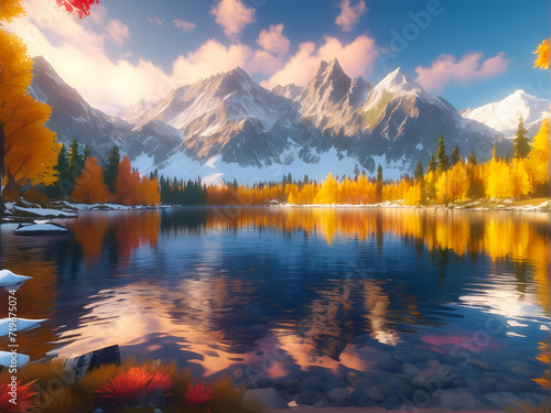 Alpine Reflections: Crystal Clear Lake Mirroring Snowy Peaks and Autumn's Kaleidoscope of Colors. generative AI