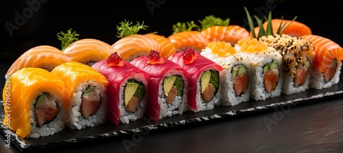 Vibrant and fresh sushi rolls showcase with elegant presentation and bright lighting