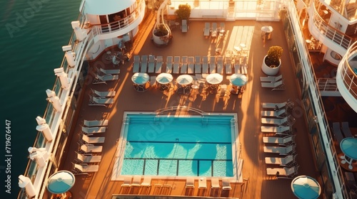 Modern, white cruise ship view inside. Pool and lounge area on deck. Traveling and relaxing. En route. photo