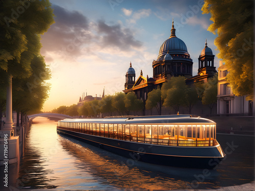 Fotobehang Illuminated Elegance: Evening River Cruise Amid City Embankments and Historical Monuments