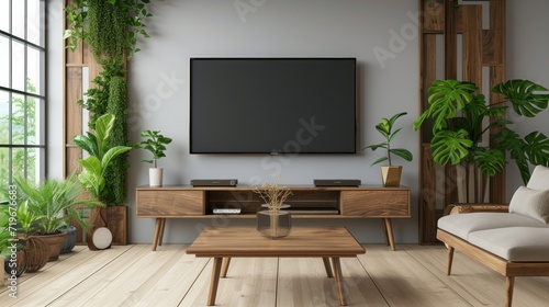 Vector 3d illustration of 4k LED TV on a wall with wooden table. House living room modern interior design. Copy space template photo