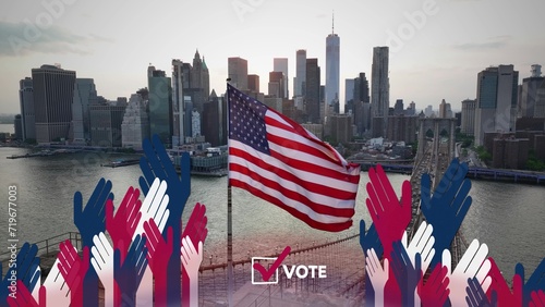 Hands and vote checkbox on drone shot of American flag on Brooklyn Bridge with view of Lower Manhattan, New York City. Election and voting theme. NYC. Graphic