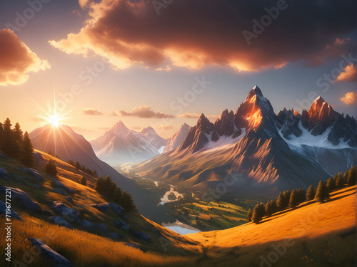 Mountain Sunset Radiance  A Majestic Landscape Bathed in the Warm Glow of the Setting Sun. generative AI