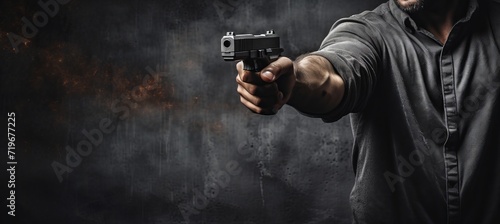 Hand holding gun on blurred gray background with copy space, crime and violence concept