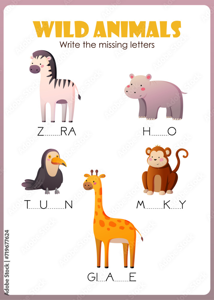 Obraz premium fill in the missing letters illustration game for kids with funny animals