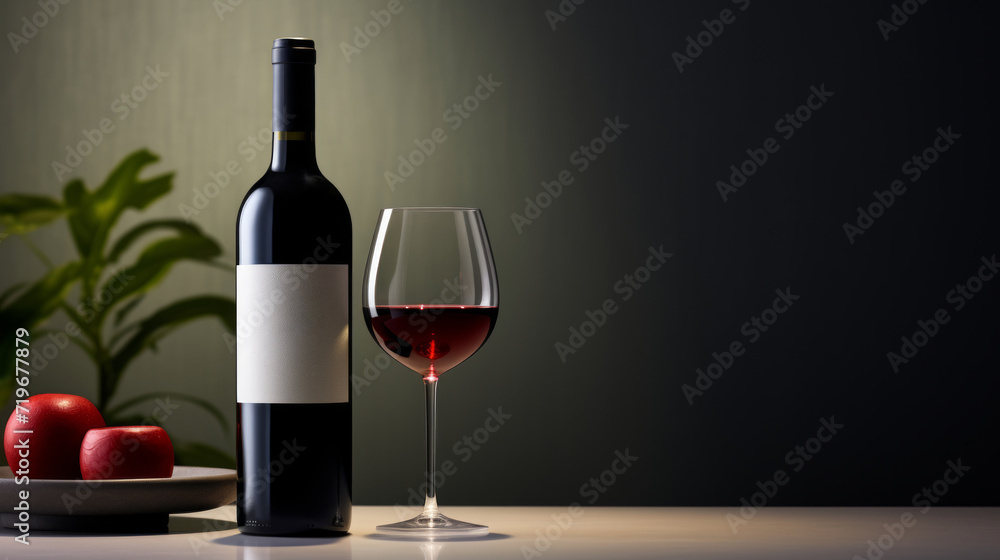 Obraz premium Still life an elegant bottle of red wine and a wine glass next to it.