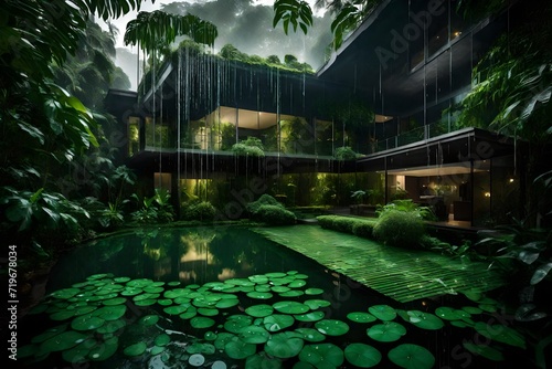 Rain showers casting a soft sheen over a penthouse in a lush green jungle, with droplets creating ripples in the serene waters of an adjacent pond photo