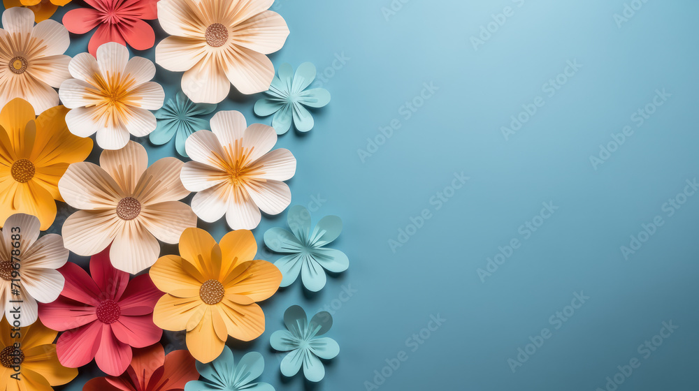 paper flowers on blue background with copy space paper flowers on blue background with copy space