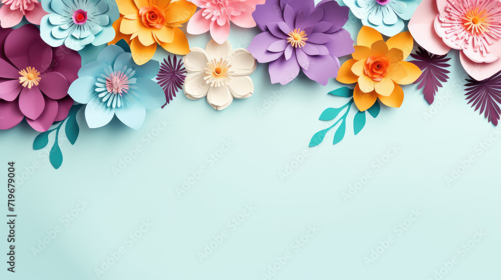 paper flowers on turquoise blue background with copy space