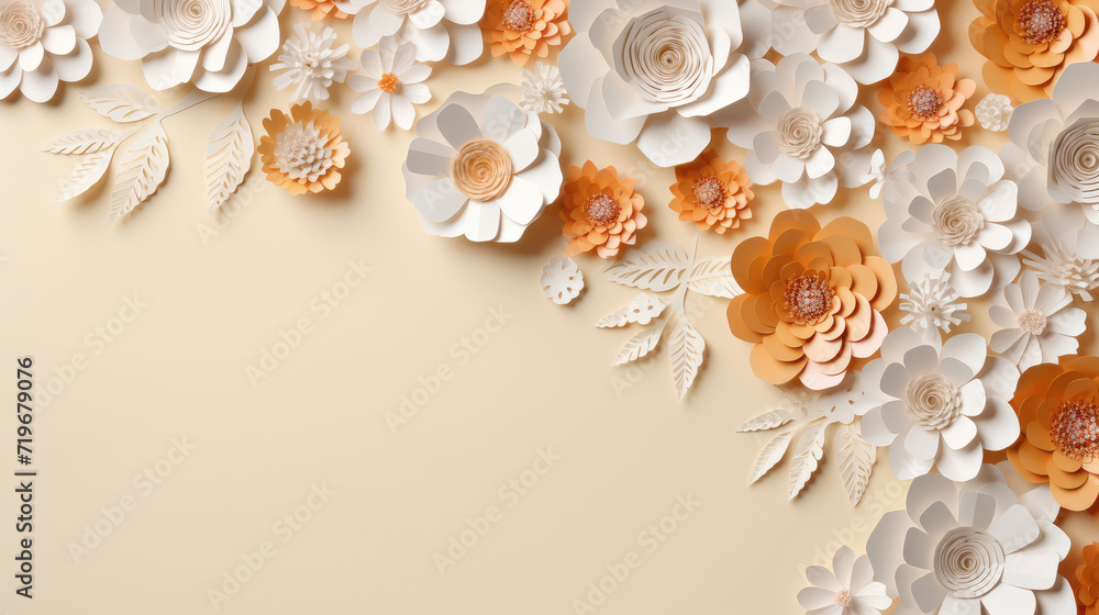 paper flowers on pastel beige background with copy space