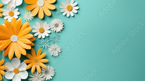 paper flowers on turquoise blue background with copy space © vrozhko