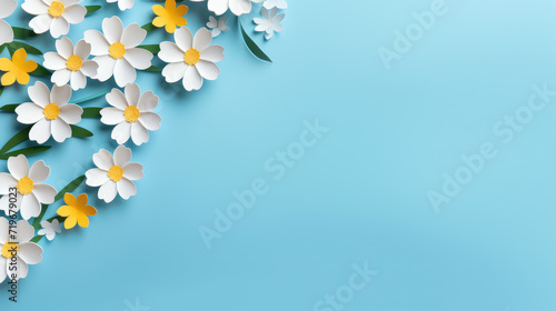 paper flowers on aquamarine blue background with copy space © vrozhko