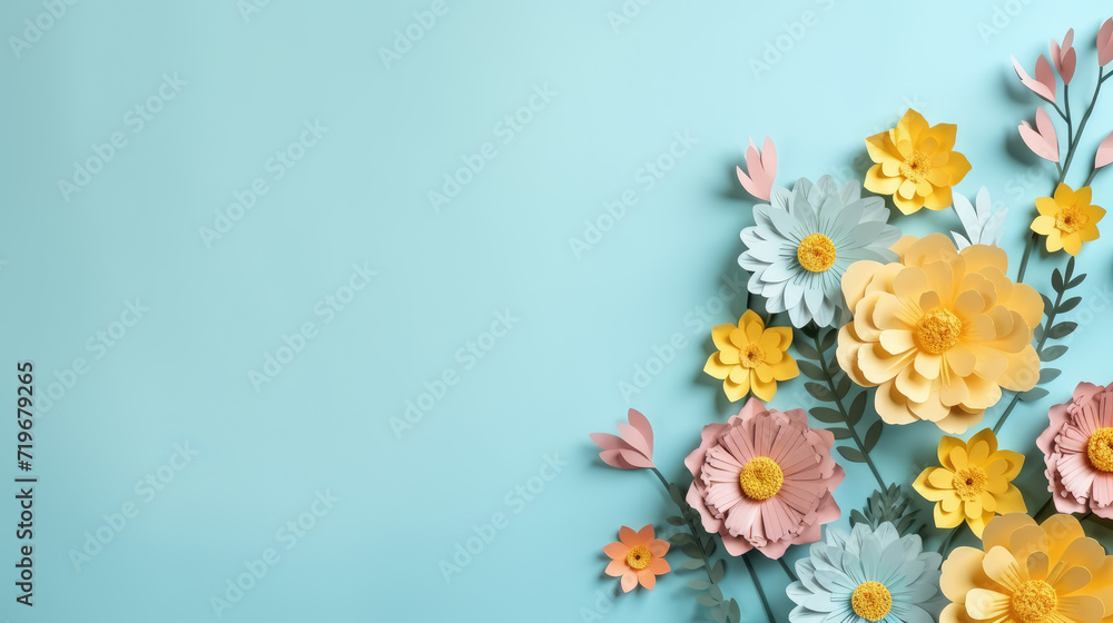 paper flowers on blue background with copy space paper flowers on blue background with copy space