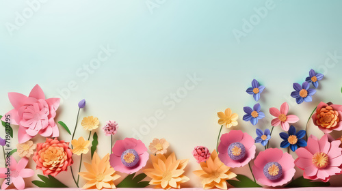 paper flowers on turquoise blue color background with copy space