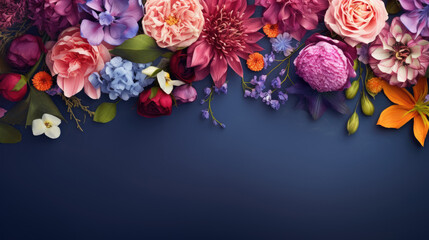 scattered spring flowers on dark blue color background, top view with copy space