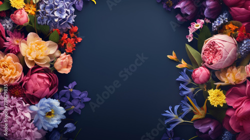 scattered spring flowers on dark blue color background, top view with copy space