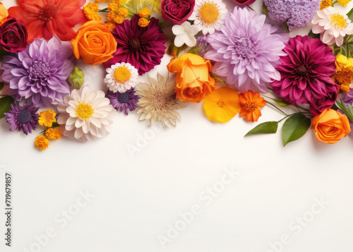scattered spring flowers on white background, top view with copy space