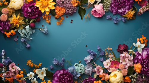 scattered spring flowers on dark blue color background, top view with copy space
