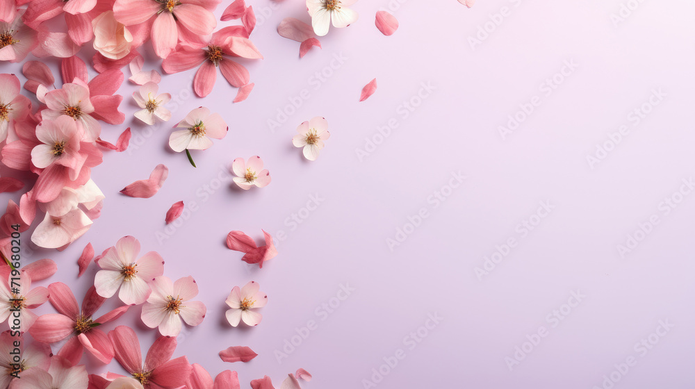 spring flowers on pink color with copy space