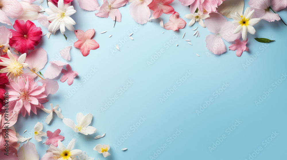 spring flowers on beige color with copy space