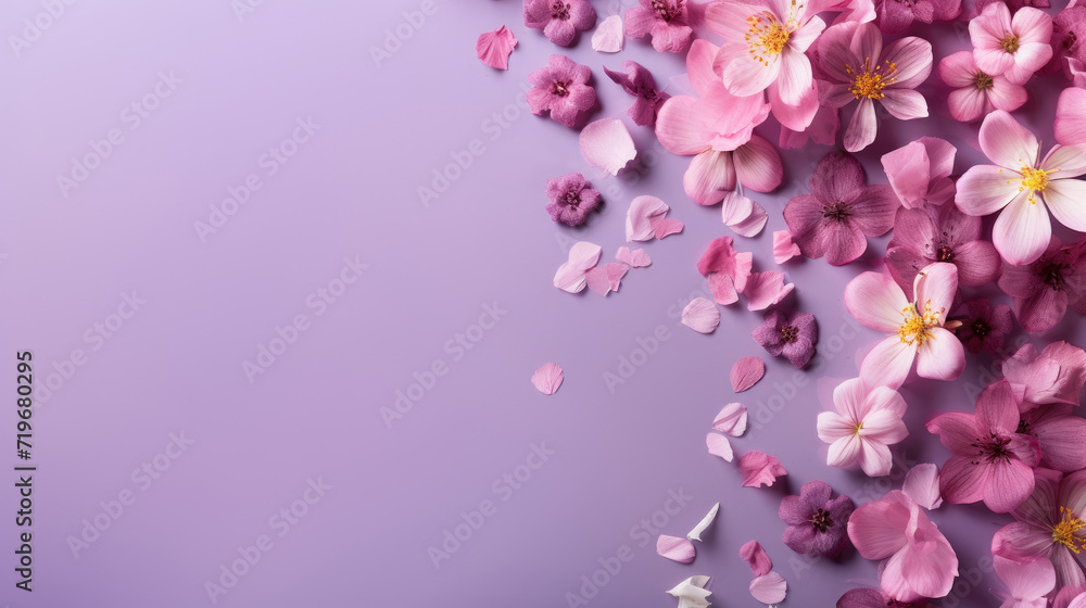 Fototapeta premium spring flowers on purple color with copy space, top view