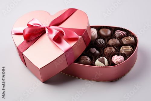 Chocolate heart shaped box with pink ribbon, Valentine's Day gift. Concept: present for Women's day, Birthday, Mother's Day, Anniversary or Wedding. Clean and simple image.