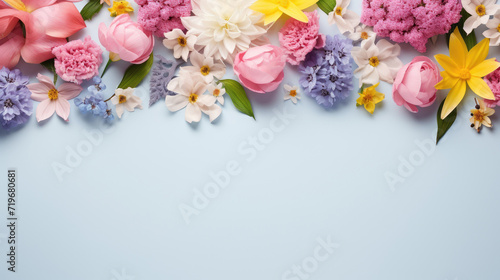 spring flowers pattern on blue pastel color  background with copy space