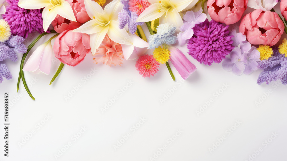 Fototapeta premium spring flowers pattern on white pastel color background with copy space