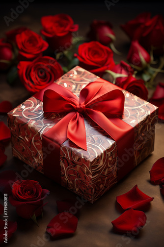 Gift box with beautiful decor and red ribbon. Nicely decorated present with red roses and rose petals. Concept  Gift for Valentine s day  for Love one  Wedding  Anniversary or Woman Day.