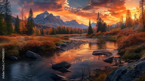 Beautiful sunset over big mountains, creek in the background photo
