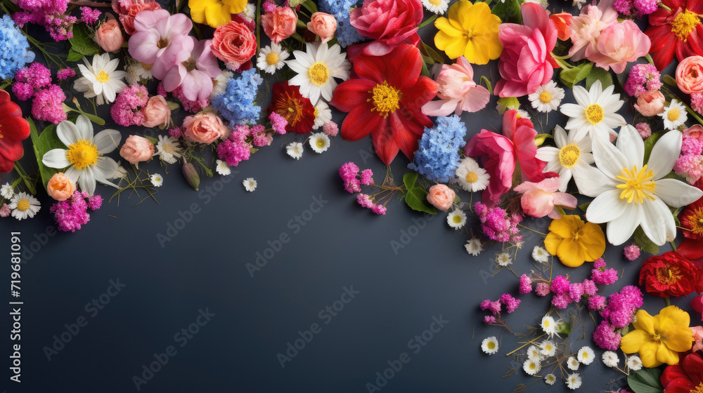 spring flowers pattern on dark color background, top view with copy space