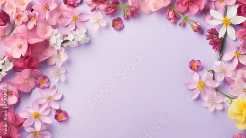 spring flowers frame on a pastel purple background top view
