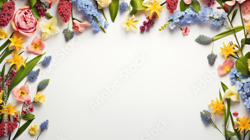 spring flowers on a white background, top view with copy space