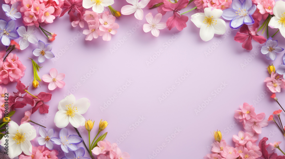 spring flowers frame on a pastel purple background top view