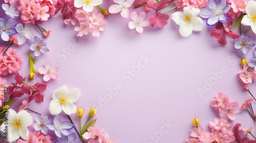 spring flowers frame on a pastel purple background top view