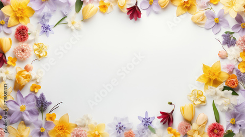 spring flowers on pastel white background top view  with copy space.
