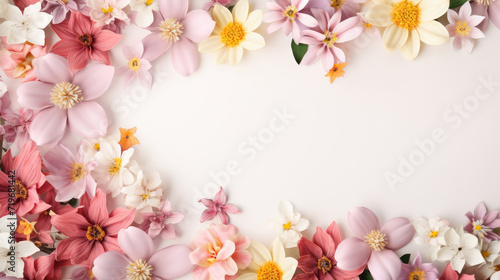 spring flowers frame on a pastel pink background top view