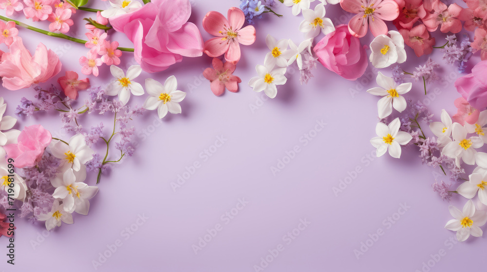 spring flowers frame on a pastel purple background top view spring flowers frame on a pastel purple background top view