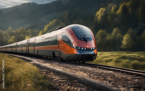 Side view of a futuristic train in a countryside landscape