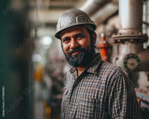 An indian man with a beard and hard hat standing in front of a factory. Generative AI.