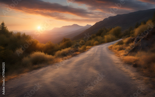 Low level view of empty old paved road in mountain area at sunset © julien.habis