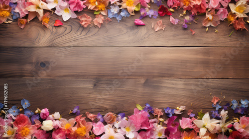 flowers and scattered petals on rustic wooden table texture top view with copy space.