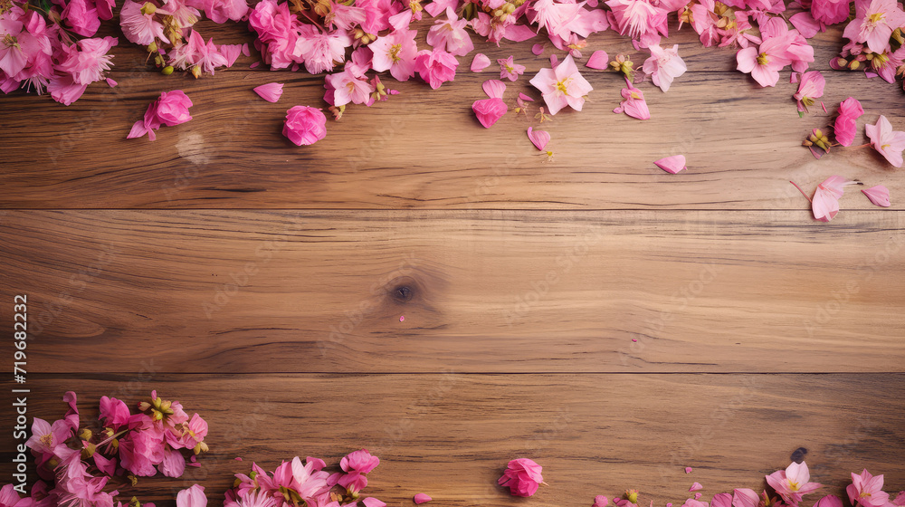 flowers and scattered petals on old rustic wooden table texture, top view copy space flowers and scattered petals on old rustic wooden table texture, top view copy space