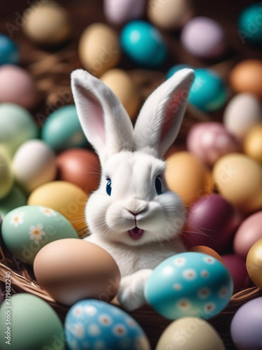 A cute, beautiful Easter bunny, among colorful decorated eggs. A symbol of the Easter holiday. Generative AI. © Plutmaverick