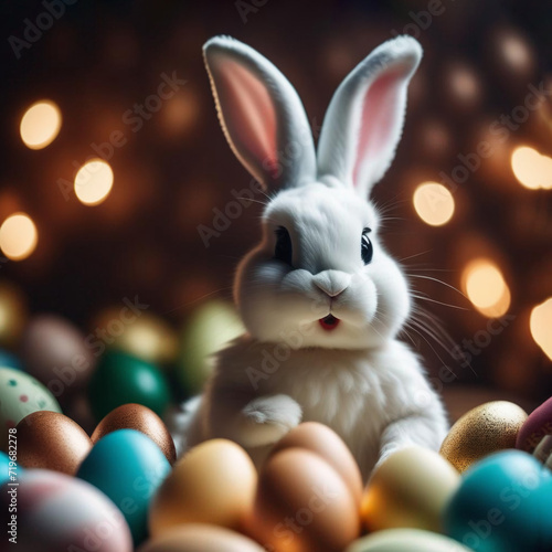 A cute  beautiful Easter bunny  among colorful decorated eggs. A symbol of the Easter holiday. Generative AI.