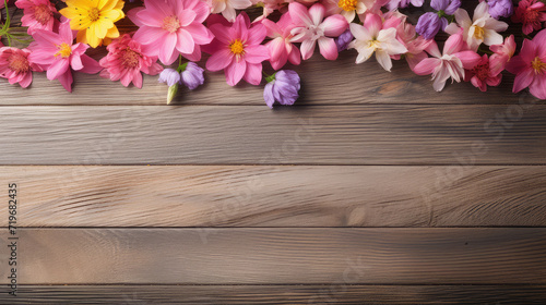 spring flowers on rustic old wooden table texture, top view with copy space